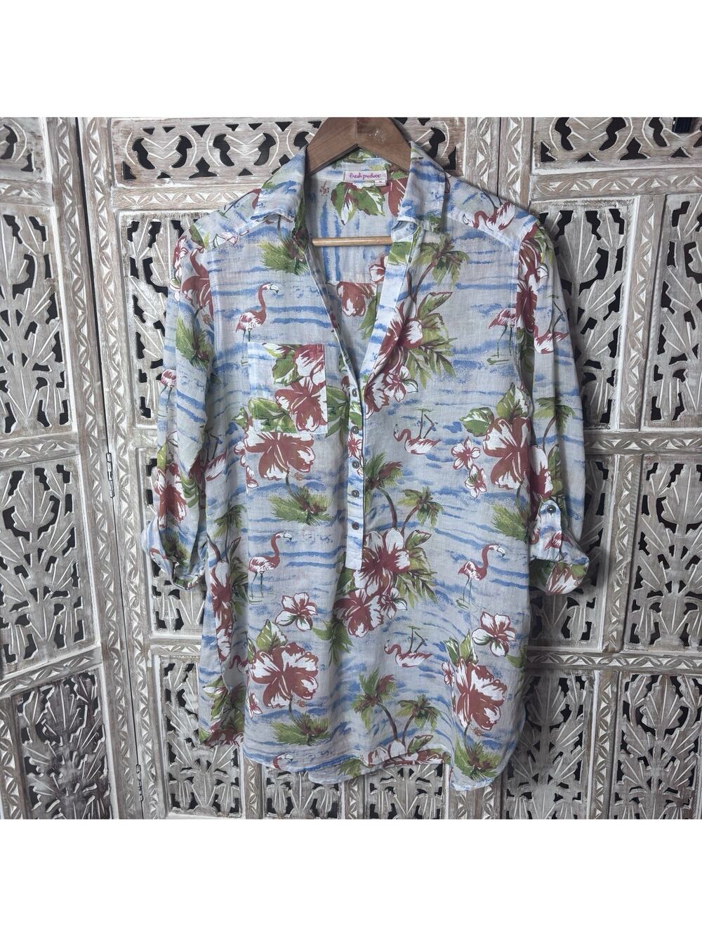 Fresh Produce Womens Floral Flamingo Cotton Henley Tunic Top Roll-Tab Sleeve M